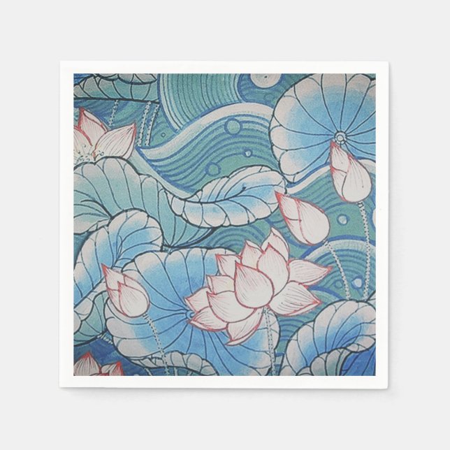 Serviette En Papier Chinoiserie Pastel Oriental Rose & Bleu Floral (Devant)