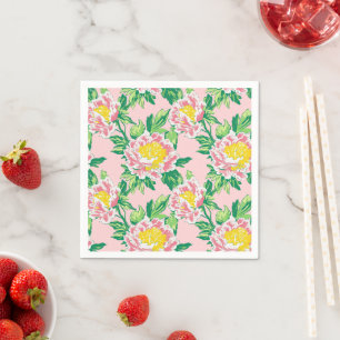 Serviette En Papier Chinoiserie rose et jaune Floral