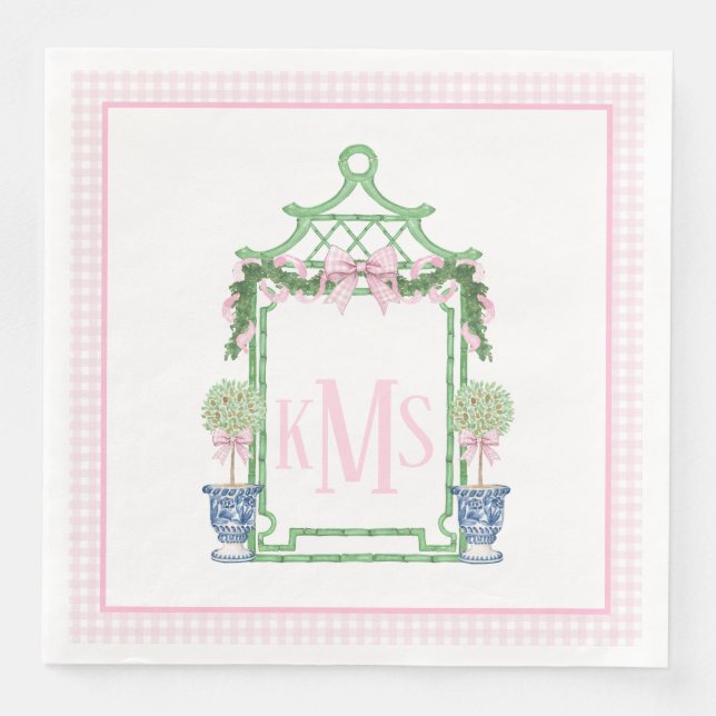 Serviette En Papier Chinoiserie rose preppy Pagode Monogramme (Devant)