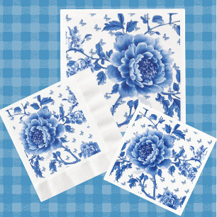 Serviette En Papier Chinoiserie Vintage Roses Papillons Bleu Blanc