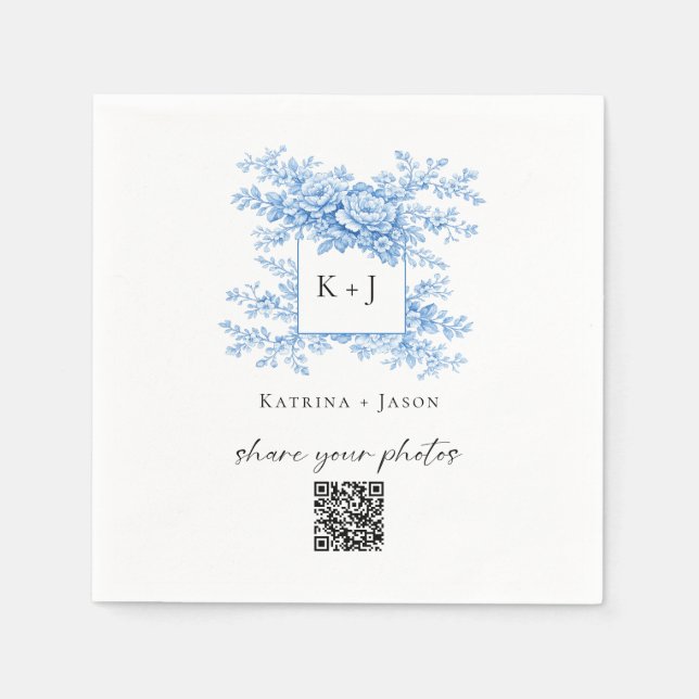 Serviette En Papier Chinoiserie Wedding Blue Floral QR Share Photos (Devant)