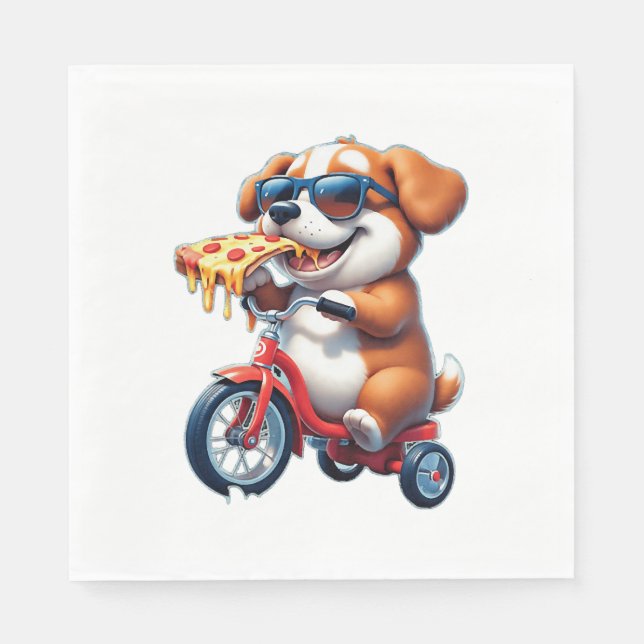 Serviette En Papier chiot à vélo mangeant de la pizza (Devant)