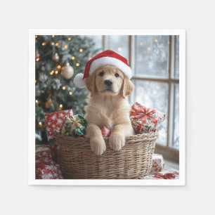 Serviette En Papier Chiot adorable avec chapeau de Père Noël dans le p