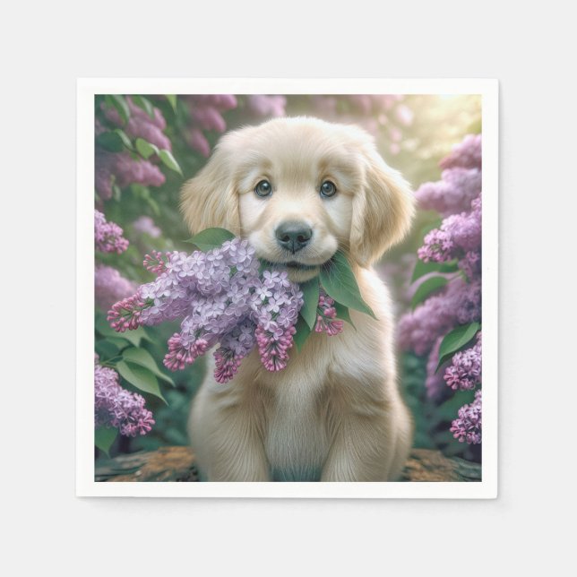 Serviette En Papier Chiot Golden Retriever avec Lilacs (Devant)