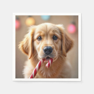 Serviette En Papier Chiots Retriever Doré Avec un Bâton de Bonbon