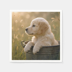 Serviette En Papier Chiots Retriever Doré dans un seau métallique