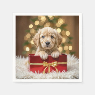 Serviette En Papier Chiots Retriever doré dans une boîte de Noël
