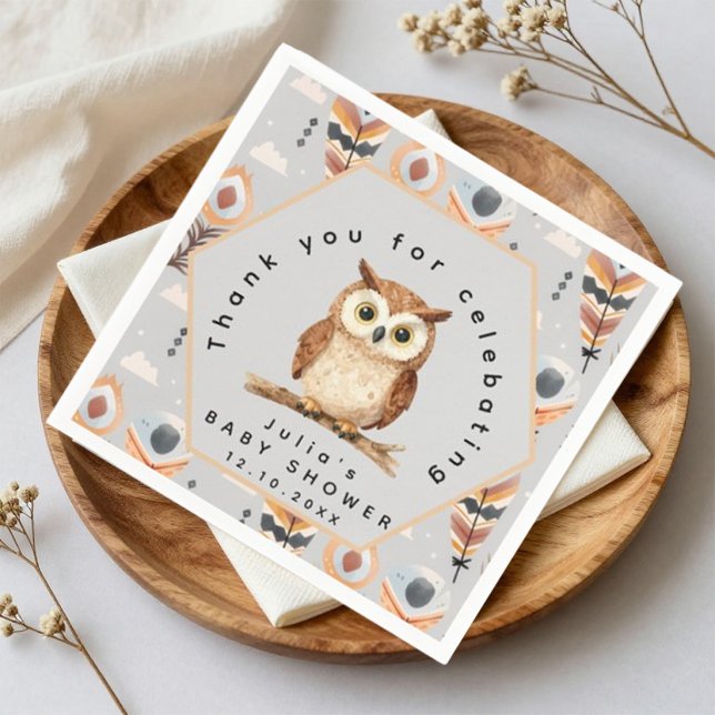 Serviette En Papier Chouette de la forêt à l'aquarelle Chevron marron (Créateur téléchargé)