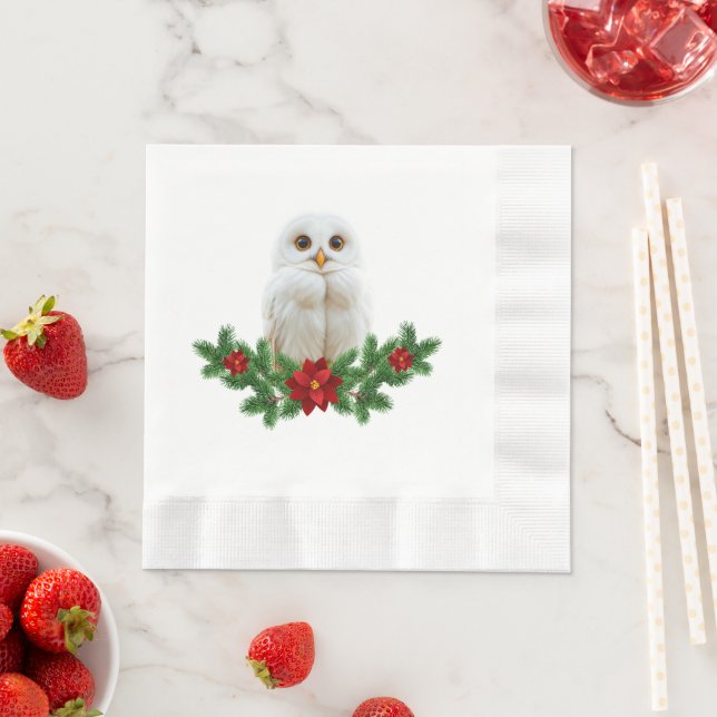Serviette En Papier Chouette de Noël sous la neige blanche (En situation)