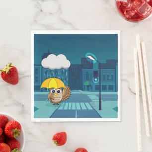 Serviette En Papier Chouette mignonne avec parapluie le jour de la plu