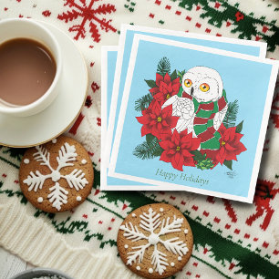 Serviette En Papier Chouette neigeuse Poinsettias rouges Noël