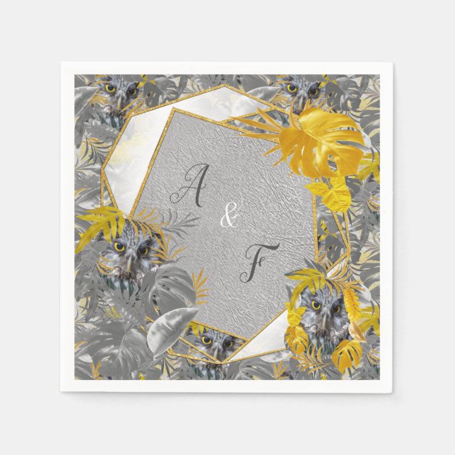 Serviette En Papier Chouettes - feuilles Plantes en gris/jaune 2021 co (Devant)