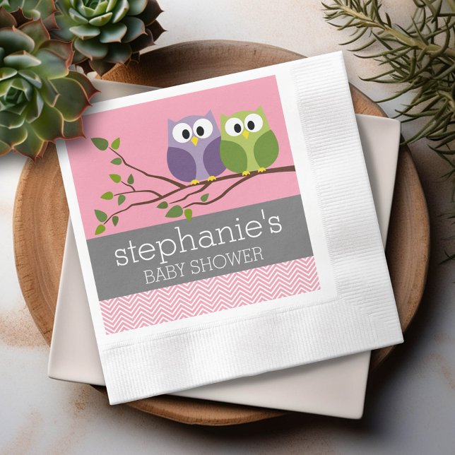 Serviette En Papier Chouettes mignonnes sur Branche Bébé Fille Douche  (Custom Party Napkins)