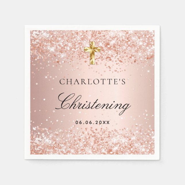 Serviette En Papier Christening blush rose or parties scintillant nom  (Devant)