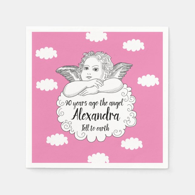 Serviette En Papier Christian Cloud Angel Joyeux 90e anniversaire rose (Devant)