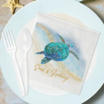 Serviette En Papier Christmas Beach Sea Turtle Seas et salutations<br><div class="desc">Amusez vos invités dans le style de vacances côtier, avec ces plaques de papier de Noël de plage tropicale, avec une aquarelle bleu turquoise tortue de mer sur un arrière - plan de plage abstrait avec une fausse parties scintillant d'or vague brillante, et or Seas & Greys. Consultez la collection...</div>