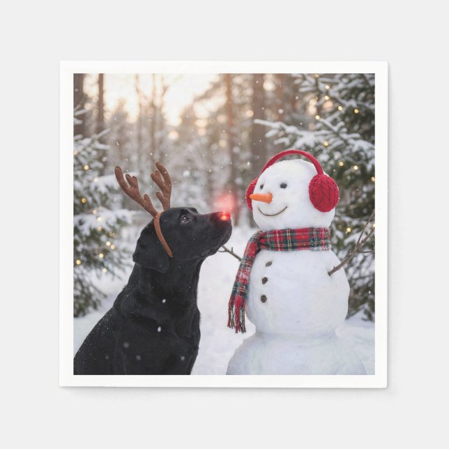 Serviette En Papier Christmas Black Labrador Retriever with Snowman (Devant)