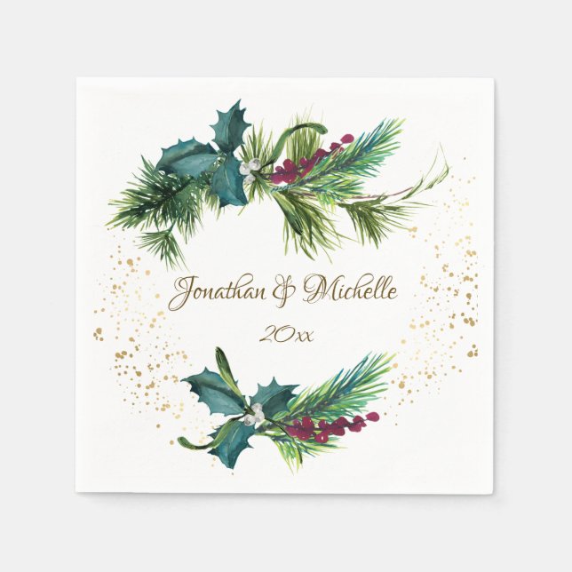 Serviette En Papier Christmas Evergreen Red Berry Winter Wedding (Devant)