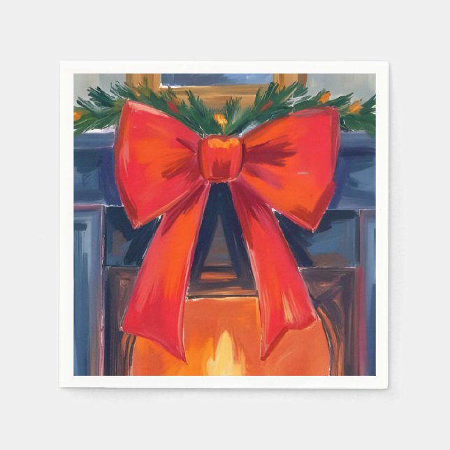 Serviette En Papier Christmas Fireplace | Red Bow Merry Watercolor  (Devant)