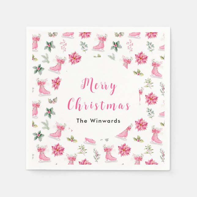 Serviette En Papier Christmas Floral Pink Ice Skates Merry Christmas (Devant)