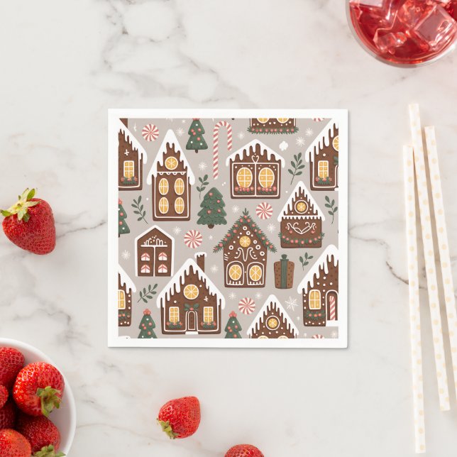 Serviette En Papier Christmas Gingerbread Houses Holiday Pattern (En situation)