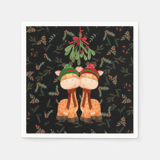 SERVIETTE EN PAPIER CHRISTMAS GIRAFFES KISSING SOUS MISTLETOE PAPIER
