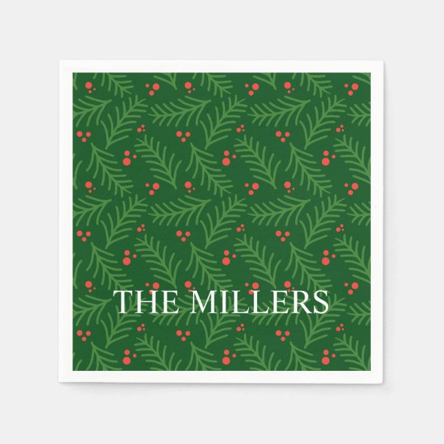 Serviette En Papier Christmas Greenery Berries NAME Festive Holiday (Devant)