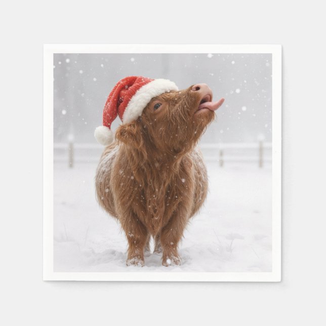 Serviette En Papier Christmas Highland Cow Catching Snowflakes (Devant)