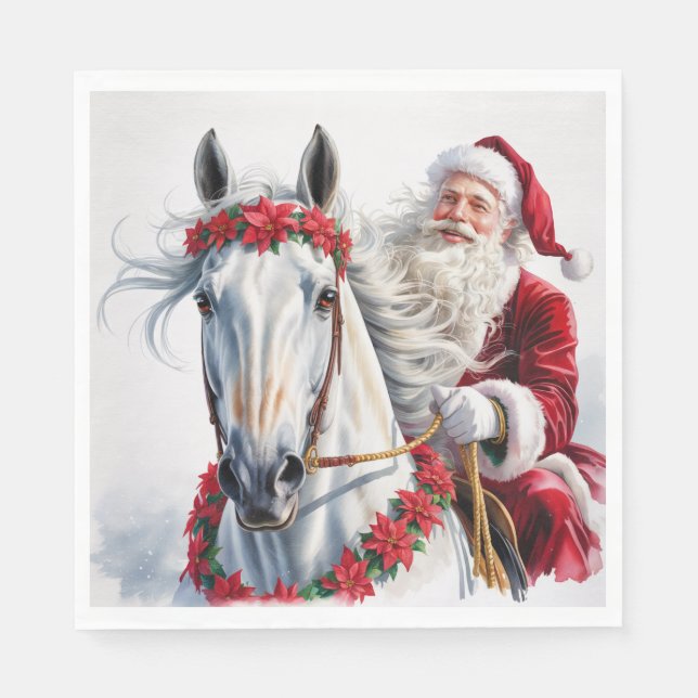 Serviette En Papier Christmas Paper Napkin Santa Riding a White Horse (Devant)