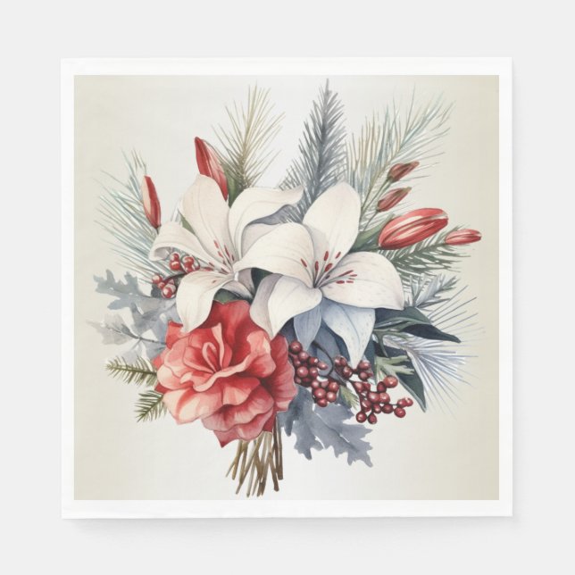Serviette En Papier Christmas Party White Red Flowers Holidays Elegant (Devant)