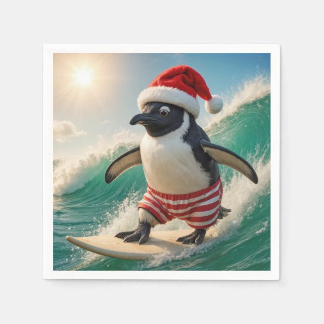 Serviette En Papier Christmas Penguin Surfing On an Ocean Wave (Devant)