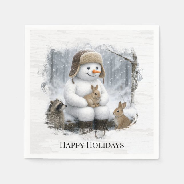 Serviette En Papier Christmas Snowman With Friends In Winter Woods (Devant)