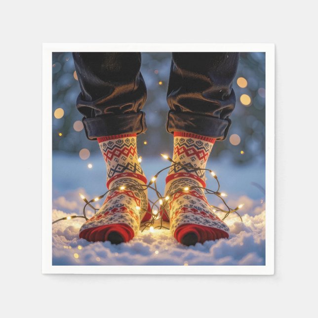 Serviette En Papier Christmas Socks and Holiday Lights in Snow (Devant)