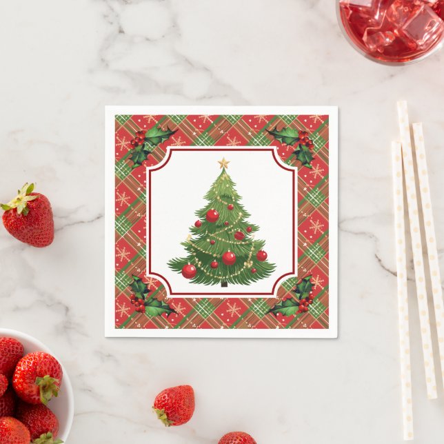 Serviette En Papier Christmas Tree Red Plaid with Holly (En situation)