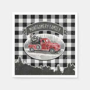 Serviette En Papier Christmas Vintage Truck Black Buffalo Plaid Name
