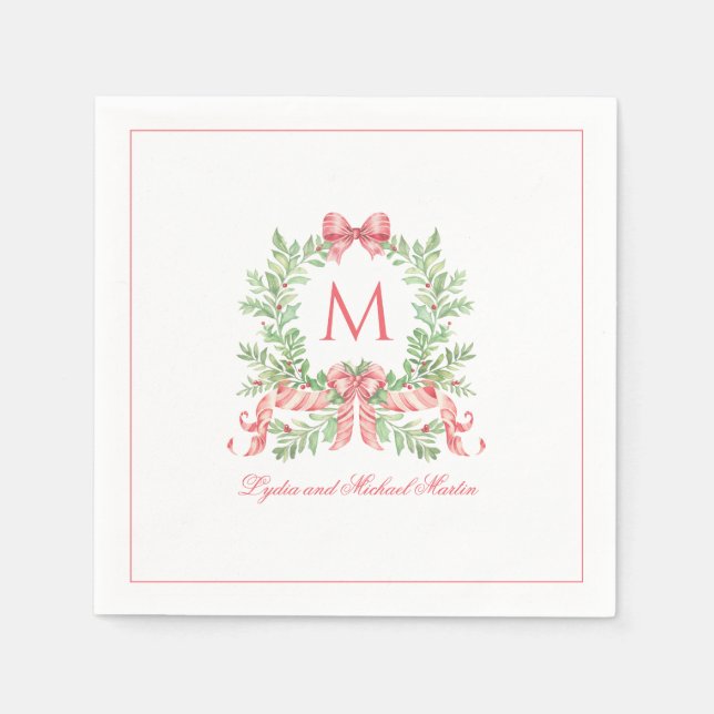 Serviette En Papier Christmas Wreath w Candy Cane Bow | Monogram  (Devant)