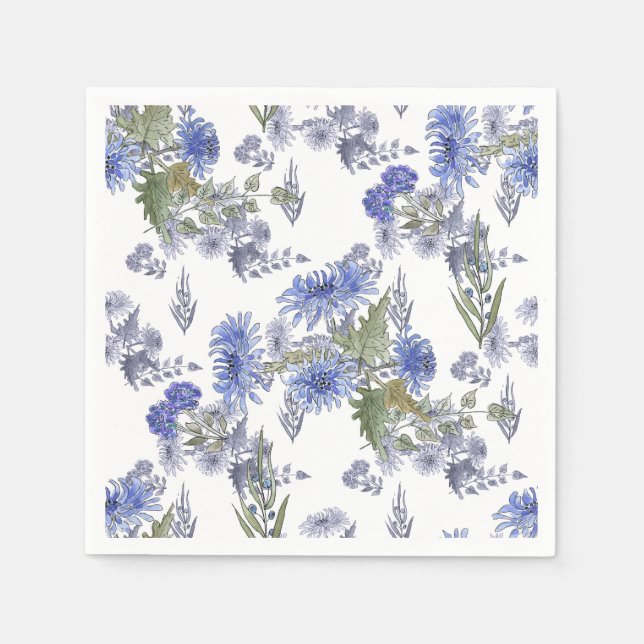 Serviette En Papier Chrysanthèmes bleus, aquarelle (Devant)
