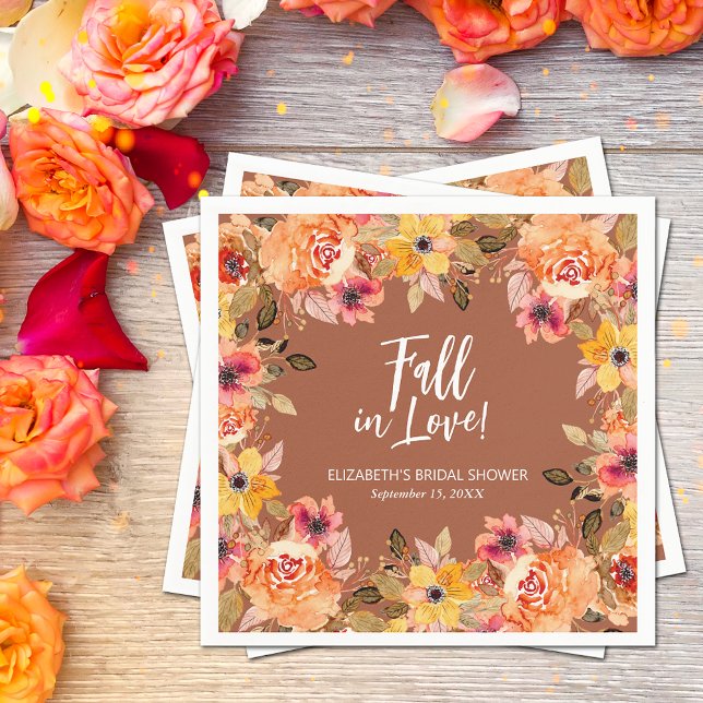 Serviette En Papier Chute en amour Fête des mariées Floral Terracotta (Fall in Love Floral Terracotta Wedding Bridal Shower Napkins)