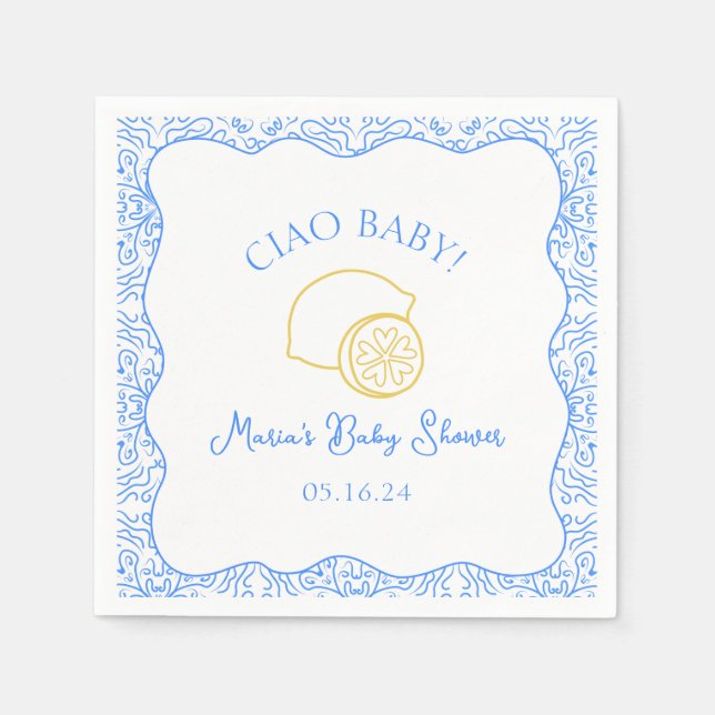 Serviette En Papier Ciao Baby ! Baby shower italien citron bleu (Devant)