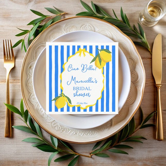 Serviette En Papier Ciao bella bleu rayures citrons nuptiale (Ciao bella blue stripes wavy border lemons Italian bridal shower monogrammed printed napkins)