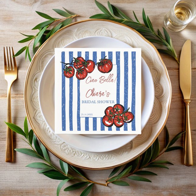 Serviette En Papier Ciao bella tomates rayures douche de mariée italie (Ciao bella tomato blue stripe Italian farmers market bridal shower personalized printed Napkins)