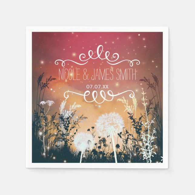 Serviette En Papier Ciel de soirée rouge enchanté étoiles et feuillage (Devant)