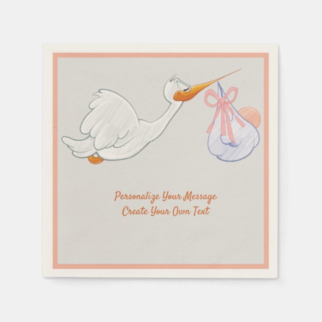 Serviette En Papier Cigogne volante mignonne avec un bébé rose emmaill (Devant)