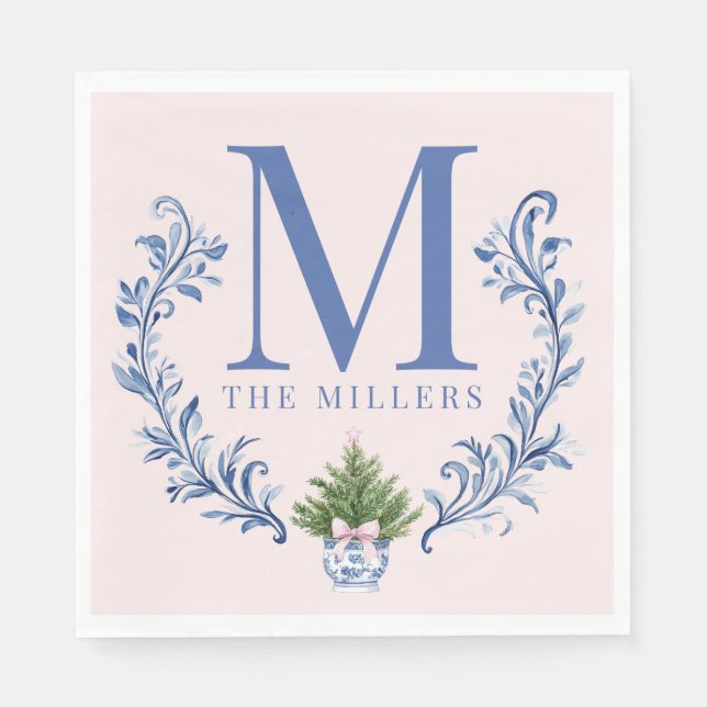 Serviette En Papier Cimetière Monogramme Bleu avec arbre de Noël (Devant)