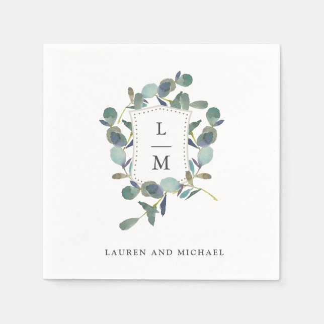 Serviette En Papier Cimier d'Eucalyptus | Mariage d'aquarelle Monogram (Devant)