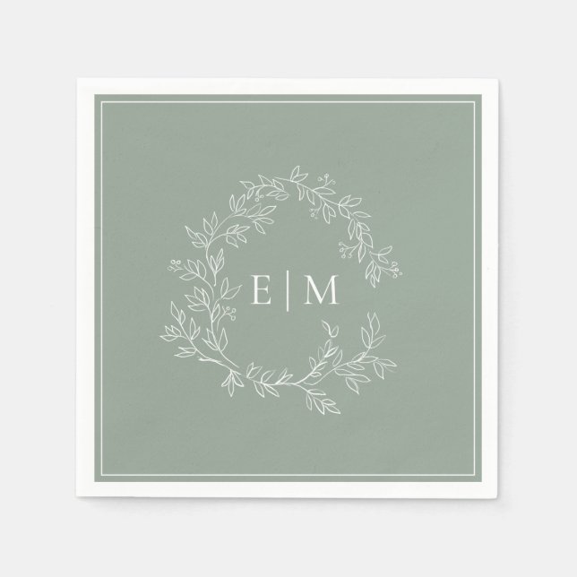 Serviette En Papier Cimier feuillu vert Sage moderne Monogramme Mariag (Devant)