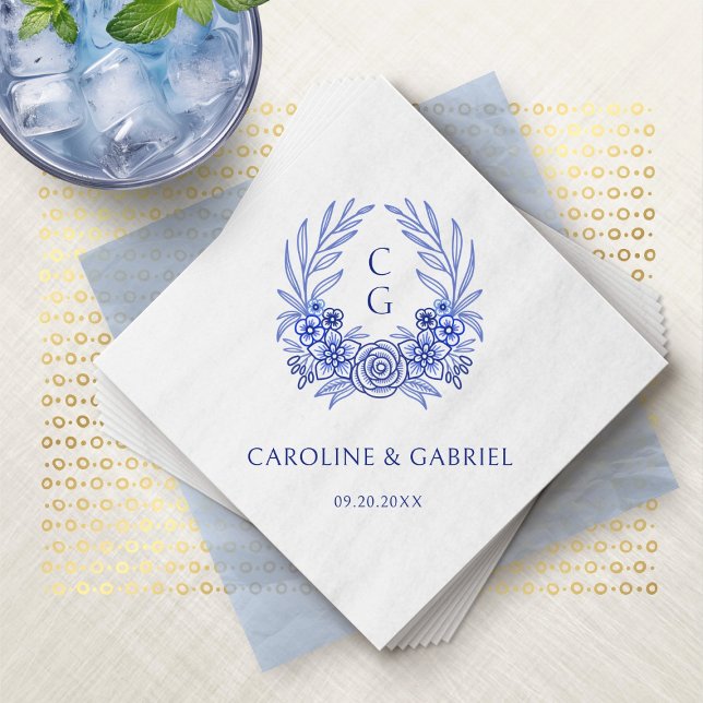Serviette En Papier Cimier Floral Bleu Français Mariage Monogramme (Créateur téléchargé)