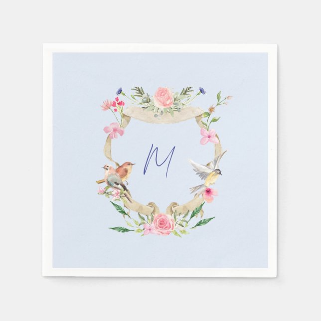 Serviette En Papier Cimier floral Monogramme Bleu (Devant)