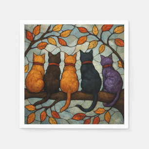 Serviette En Papier Cinq chats sur une branche d'arbre de style vitrai