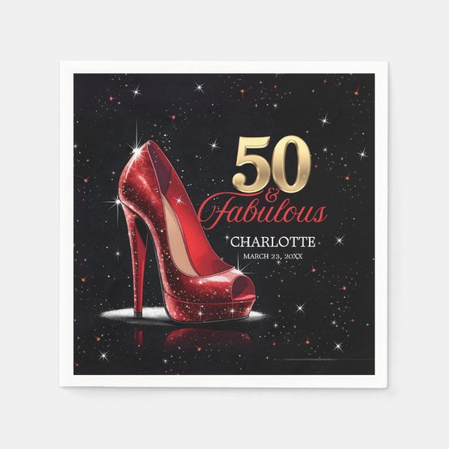 Serviette En Papier Cinquante 50 & Fabuleux BIRTHDAY Red Gold High Hee (Devant)